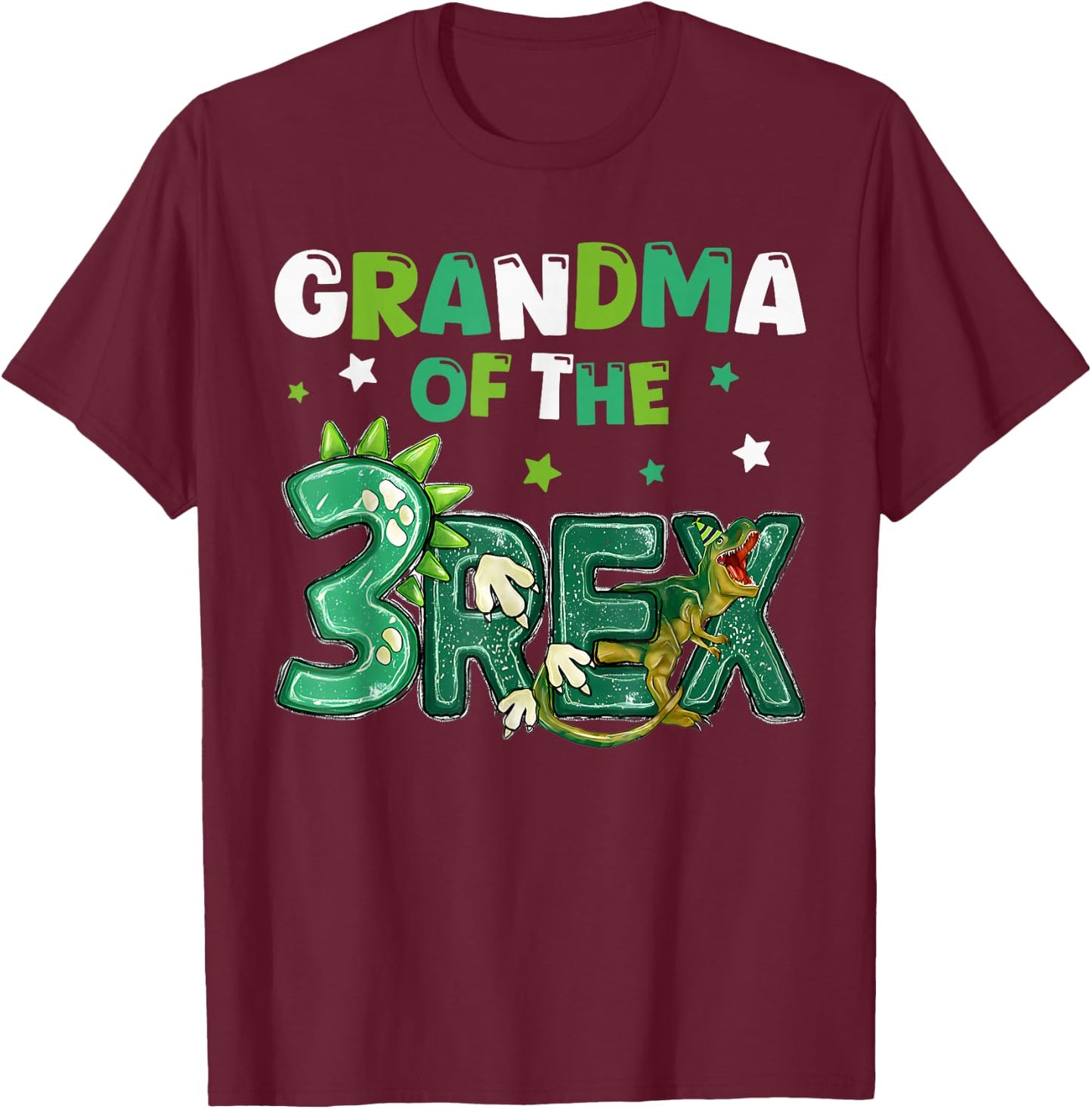 Grandma of the Three Rex Birthday Dinosaur Family Matching T-Shirt - T-Shirt | Maroon