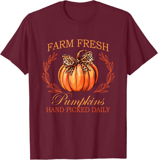 Farm Fresh Pumpkin Patch Coquette Bow Autumn Halloween Funny T-Shirt - T-Shirt | Maroon