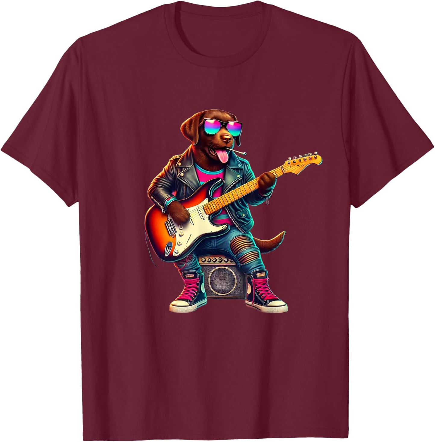 Chocolate Lab Electric Guitar Funny Dog Rock Band Musician Women Kids T-Shirt - T-Shirt | Maroon