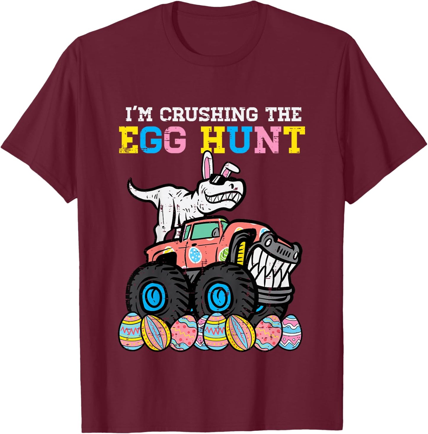 Kids Easter Im Crushing The Egg Hunt Dino Monster Truck Boys Kids T-Shirt - T-Shirt | Maroon