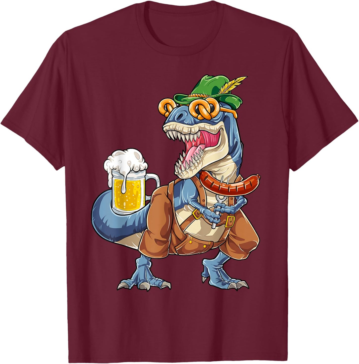 Dinosaur Oktoberfest Lederhosen Costume Men T rex Beer Fest T-Shirt - T-Shirt | Maroon