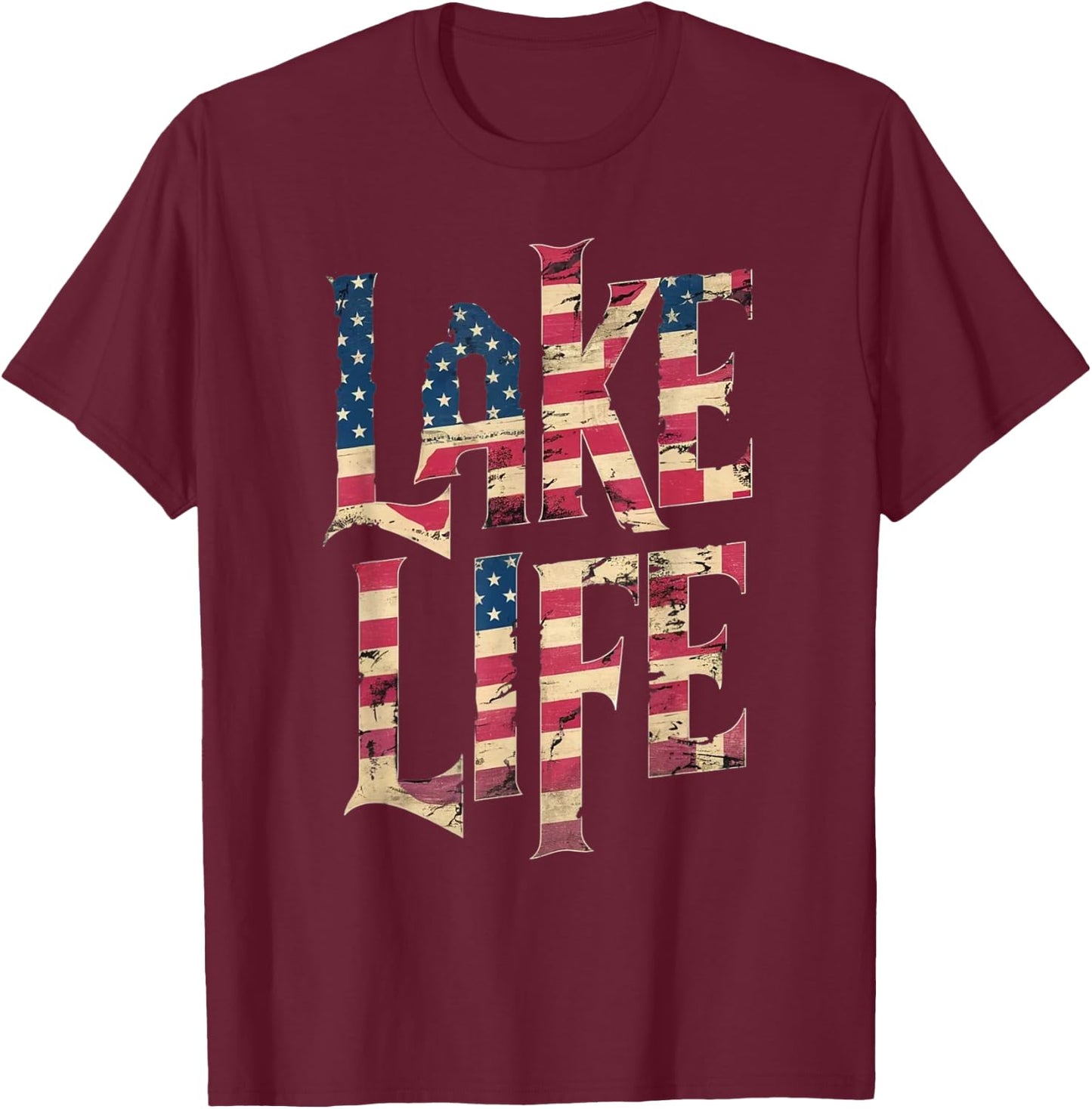 Vintage American Flag Lake Life 4th of July Patriotic Women Kids Men T-Shirt - T-Shirt | Maroon