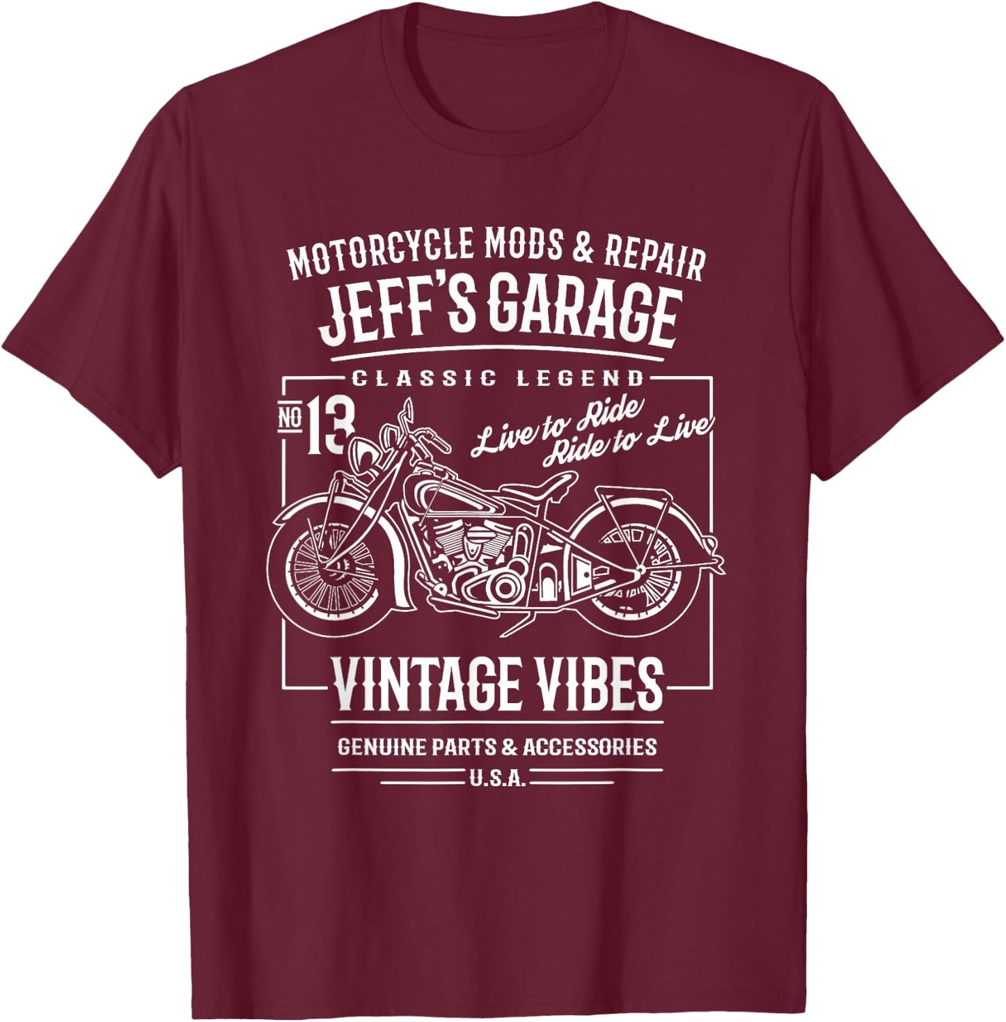 Jeff's Garage Vintage Motorcycle Design for the Name Jeff T-Shirt - T-Shirt | Maroon