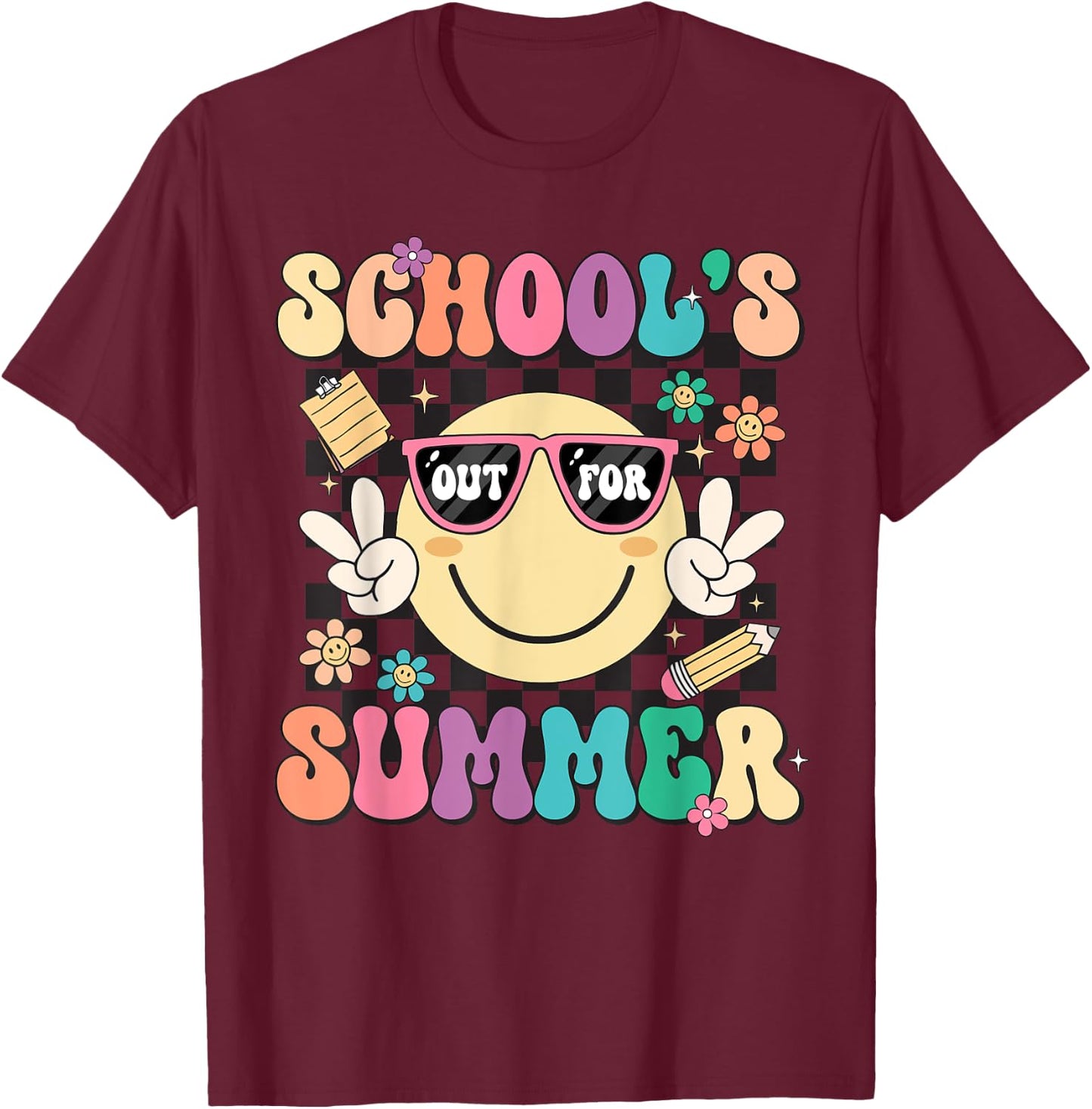 Last Day Of School Retro Schools Out For Summer Teacher Kids T-Shirt - T-Shirt | Maroon