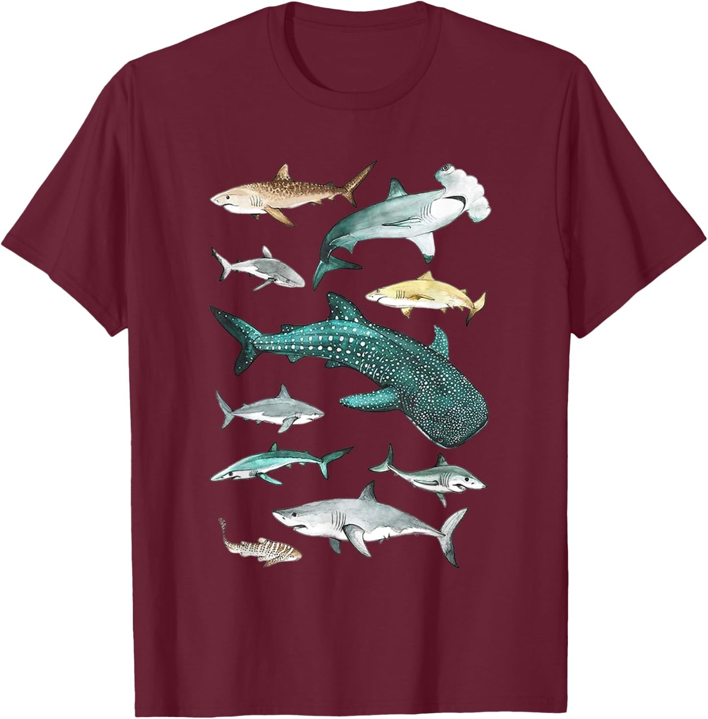 Shark Faces - Type of Shark - Shark Faces of All Kinds T-Shirt - T-Shirt | Maroon