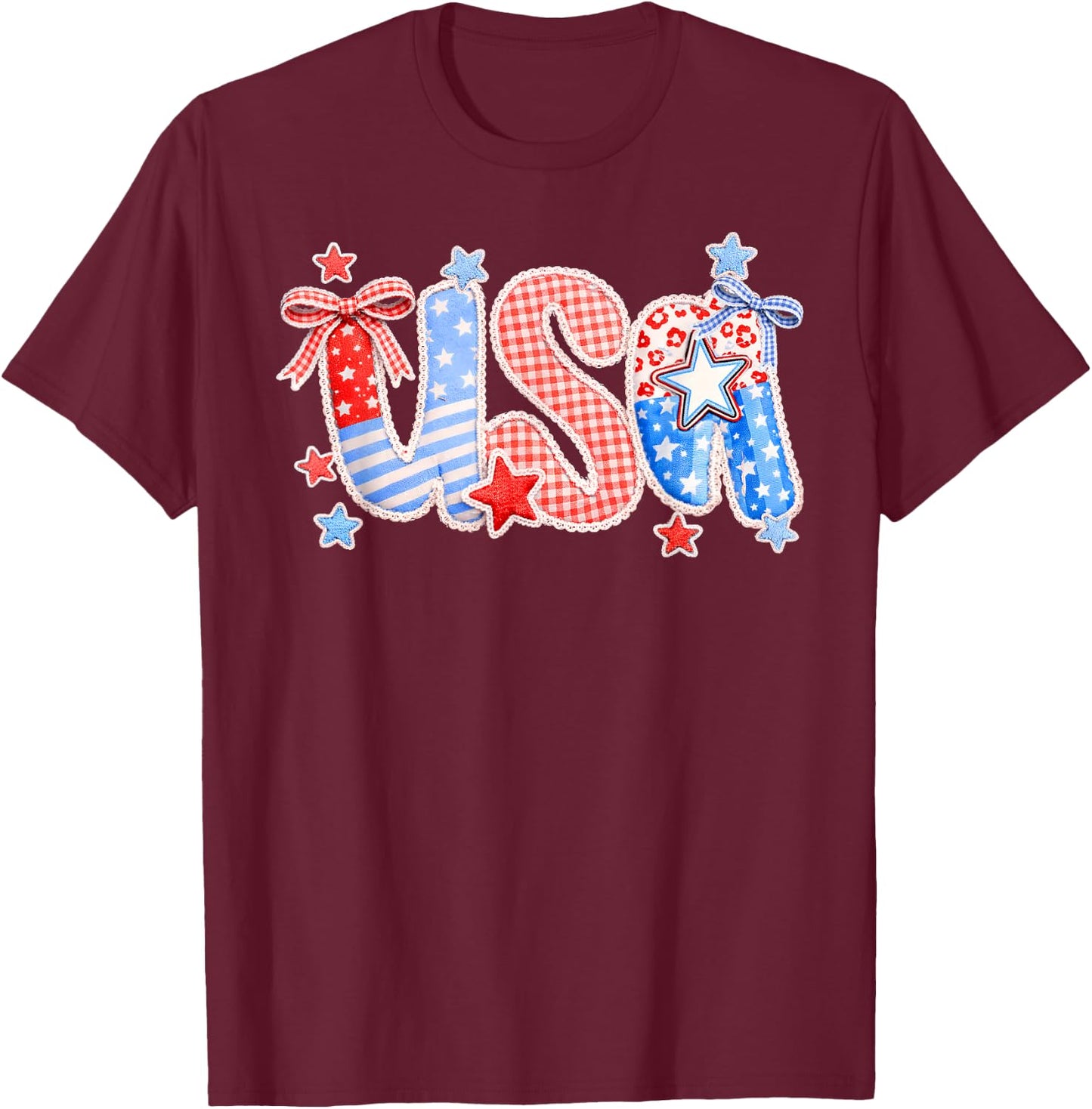 USA Coquette Bow Patchwork Lace Style 4th of July Women Girl T-Shirt - T-Shirt | Maroon