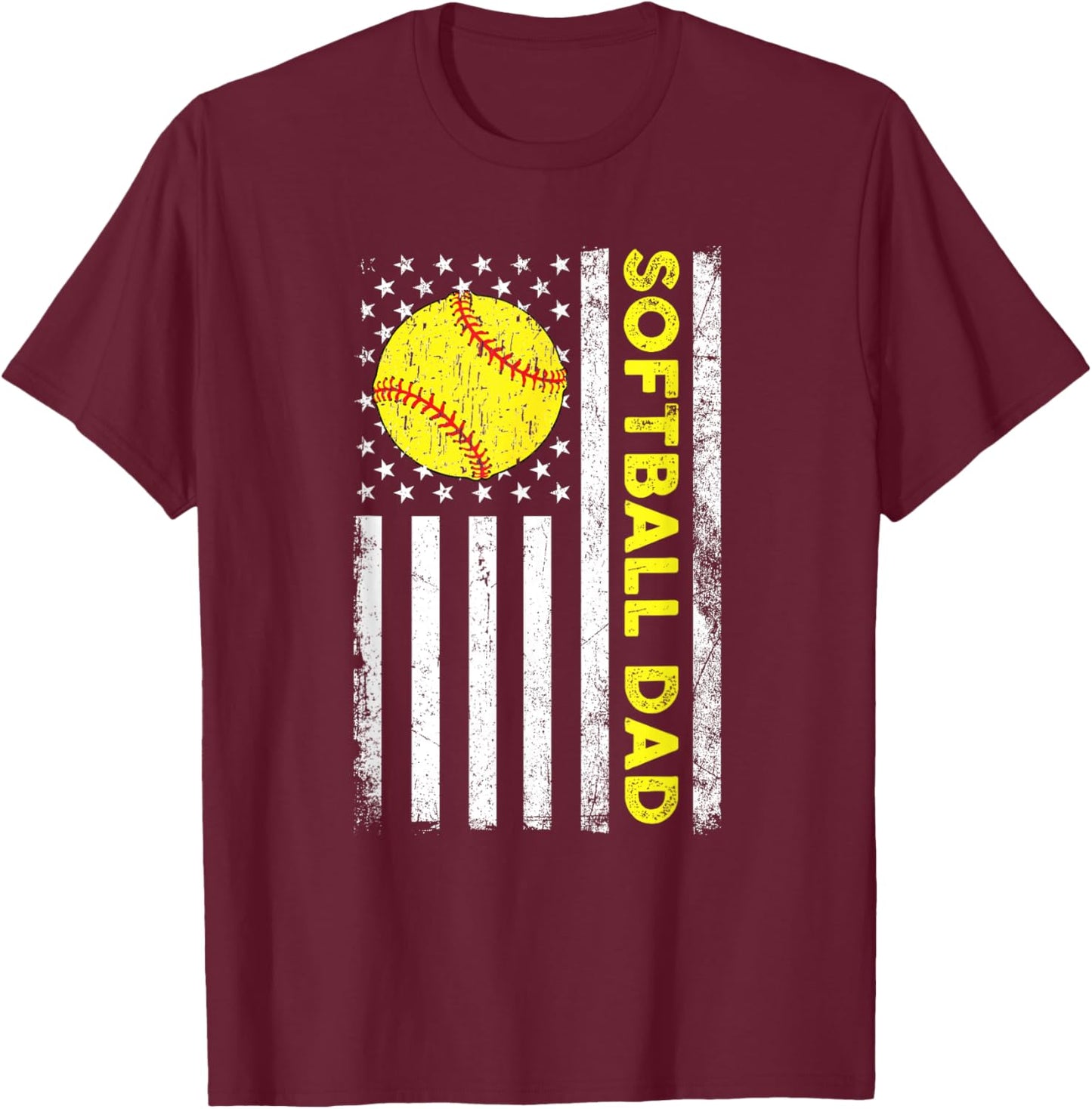 Softball Dad Distressed American Flag Fathers Day T-Shirt - T-Shirt | Maroon