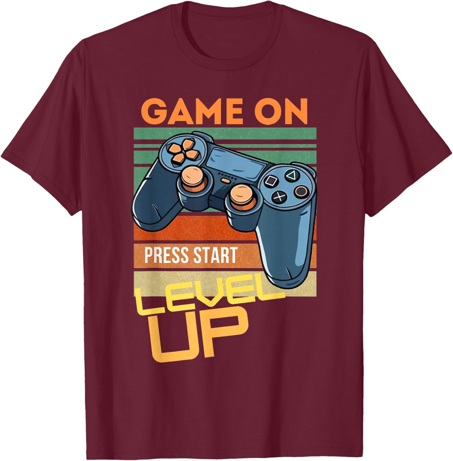 Game On Press Start Level Up T-Shirt - T-Shirt | Maroon