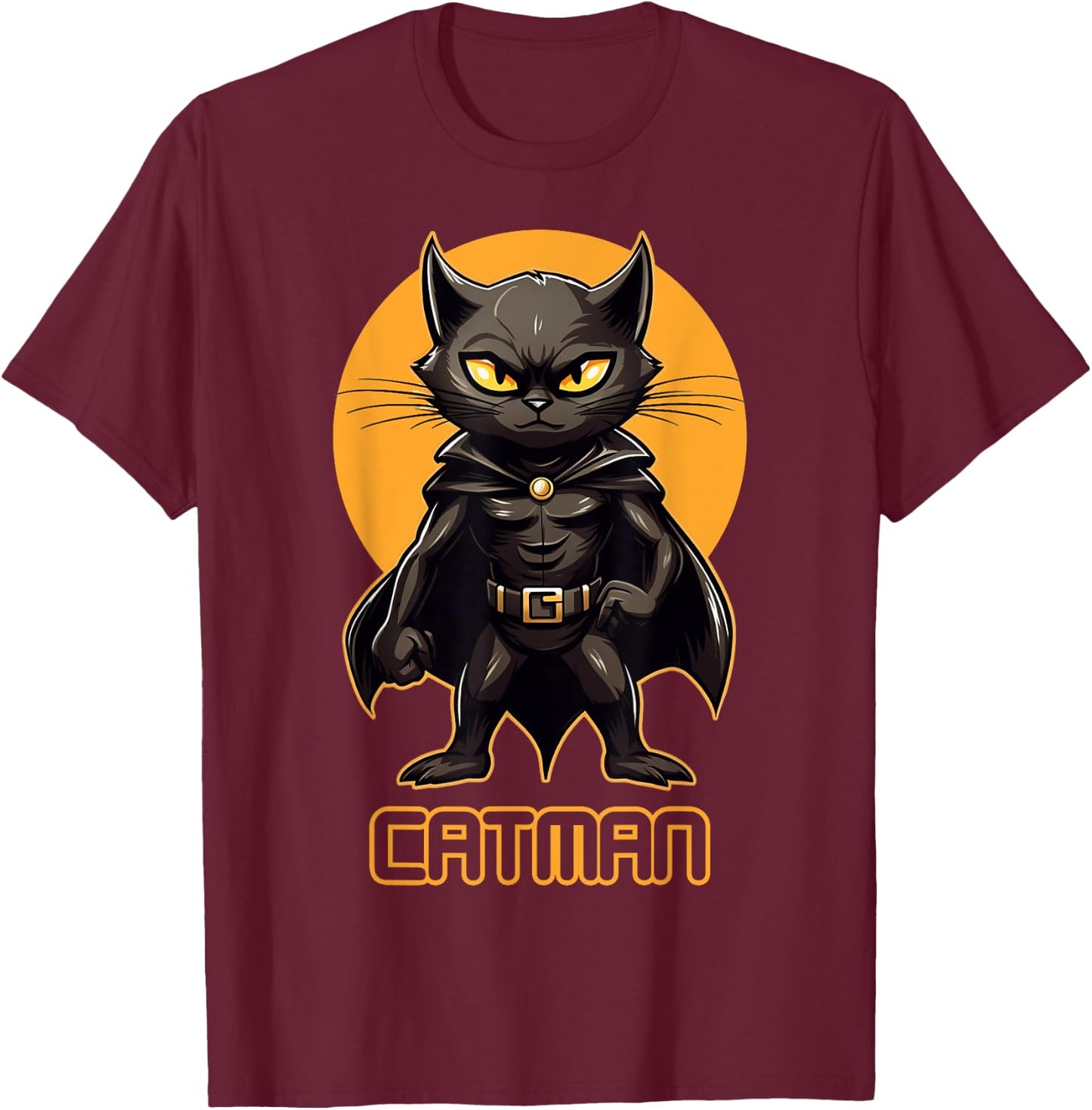 Superhero Cat, Catman, Funny Black Cat, Cat With Cape T-Shirt - T-Shirt | Maroon