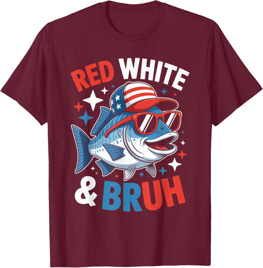 Patriotic Fishing Red White & Bruh 4th of July Toddler Boys T-Shirt - T-Shirt | Maroon