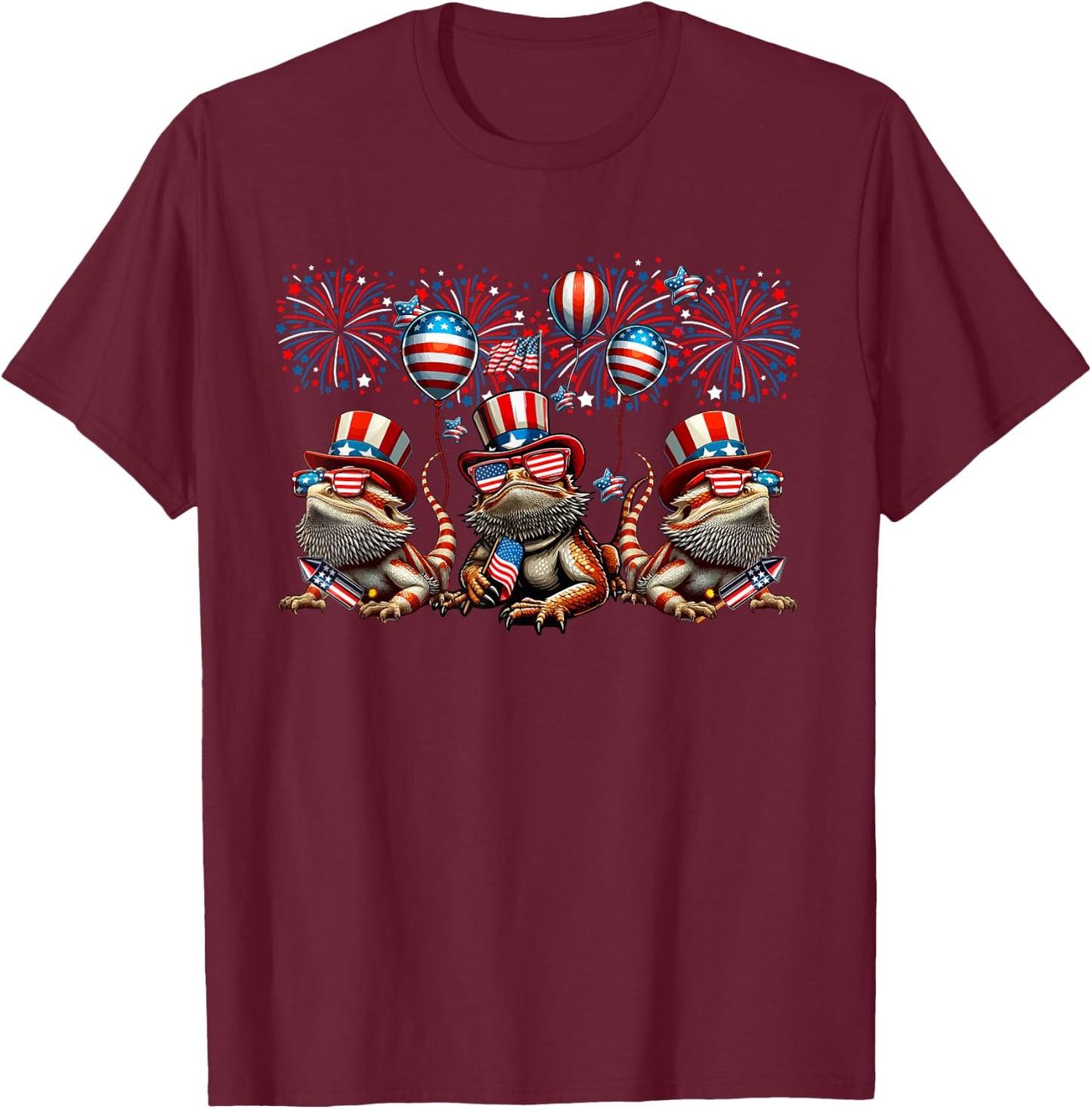 Three Cute Bearded Dragons 4th July Proud Flag Fireworks T-Shirt - T-Shirt | Maroon