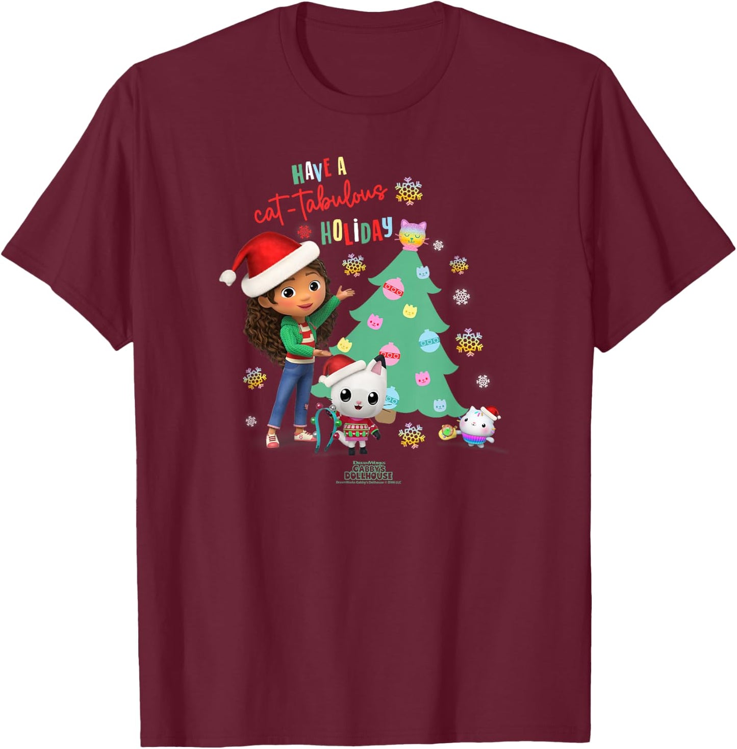 DreamWorks Gabby's Dollhouse Kids Black Cartoon Christmas , Short Sleeve, Small, Cat-tabulous Holiday T-Shirt - T-Shirt | Maroon