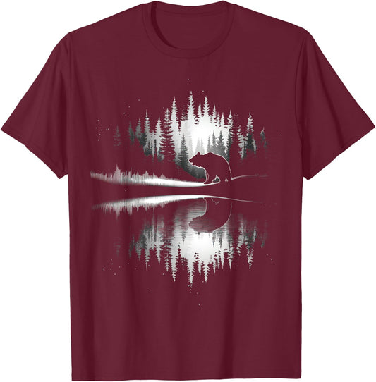 Retro Wilderness Bear Trees Reflection Outdoor Forest T-Shirt - T-Shirt | Maroon