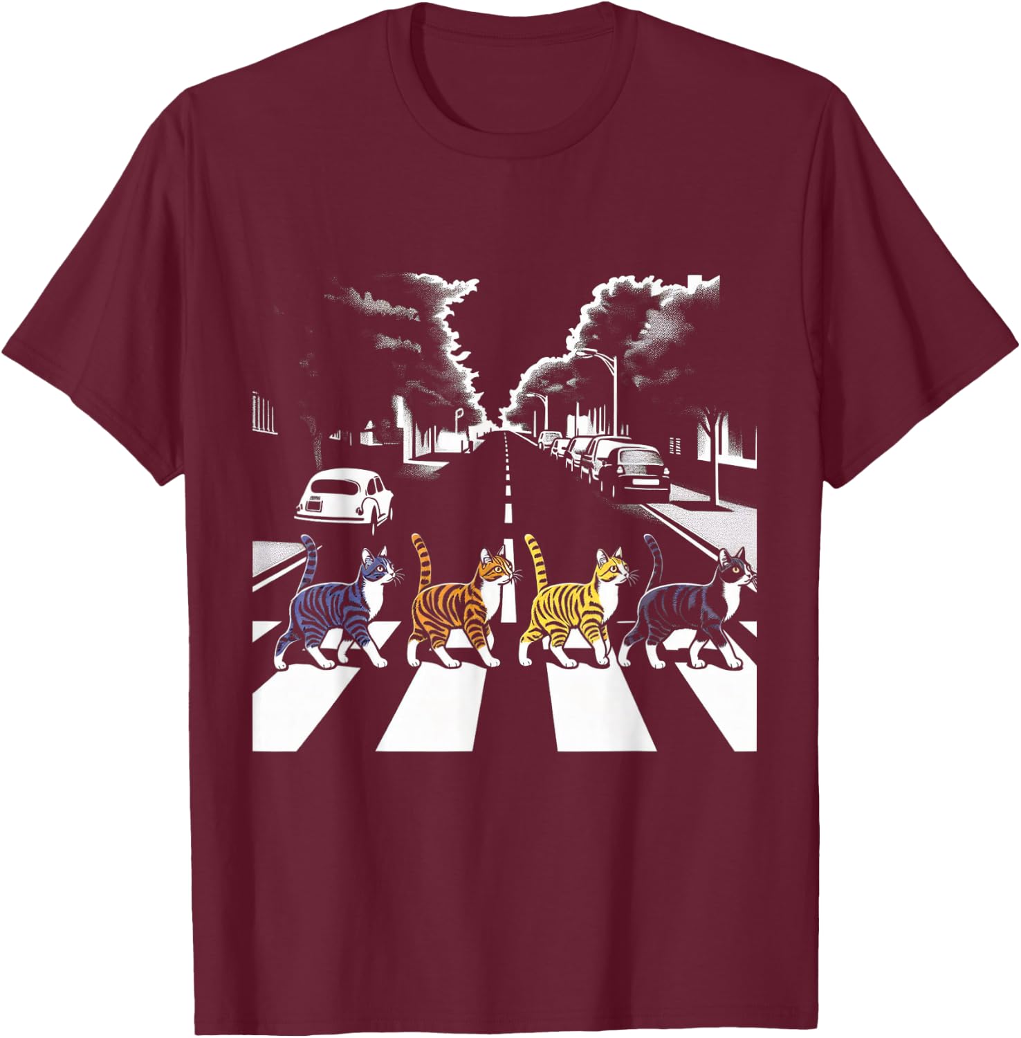 Cat Crosswalk Parody - Colorful Cats Crossing Road Funny T-Shirt - T-Shirt | Maroon