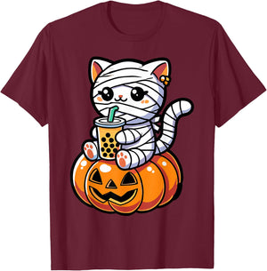 Kawaii Mummy Cat Drinking Boba Tea Halloween Pumpkin Men Women Kids T-Shirt - T-Shirt | Maroon