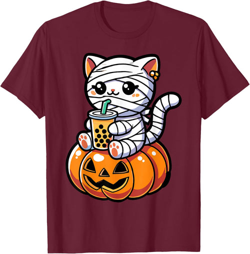 Kawaii Mummy Cat Drinking Boba Tea Halloween Pumpkin Men Women Kids