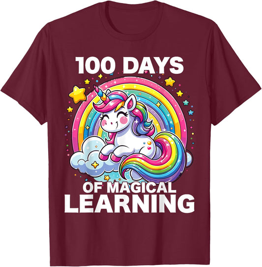 100 Days of School Unicorn Girls Teacher 100th Day of School T-Shirt - T-Shirt | Maroon