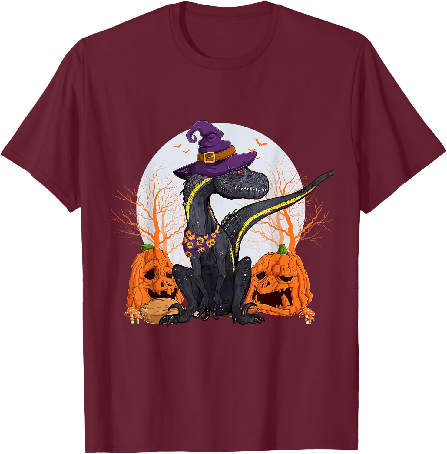 Indoraptor Halloween Cute Dinosaur and Pumpkin Funny Raptor T-Shirt - T-Shirt | Maroon