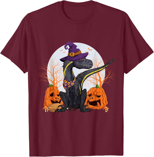 Indoraptor Halloween Cute Dinosaur and Pumpkin Funny Raptor T-Shirt - T-Shirt | Maroon