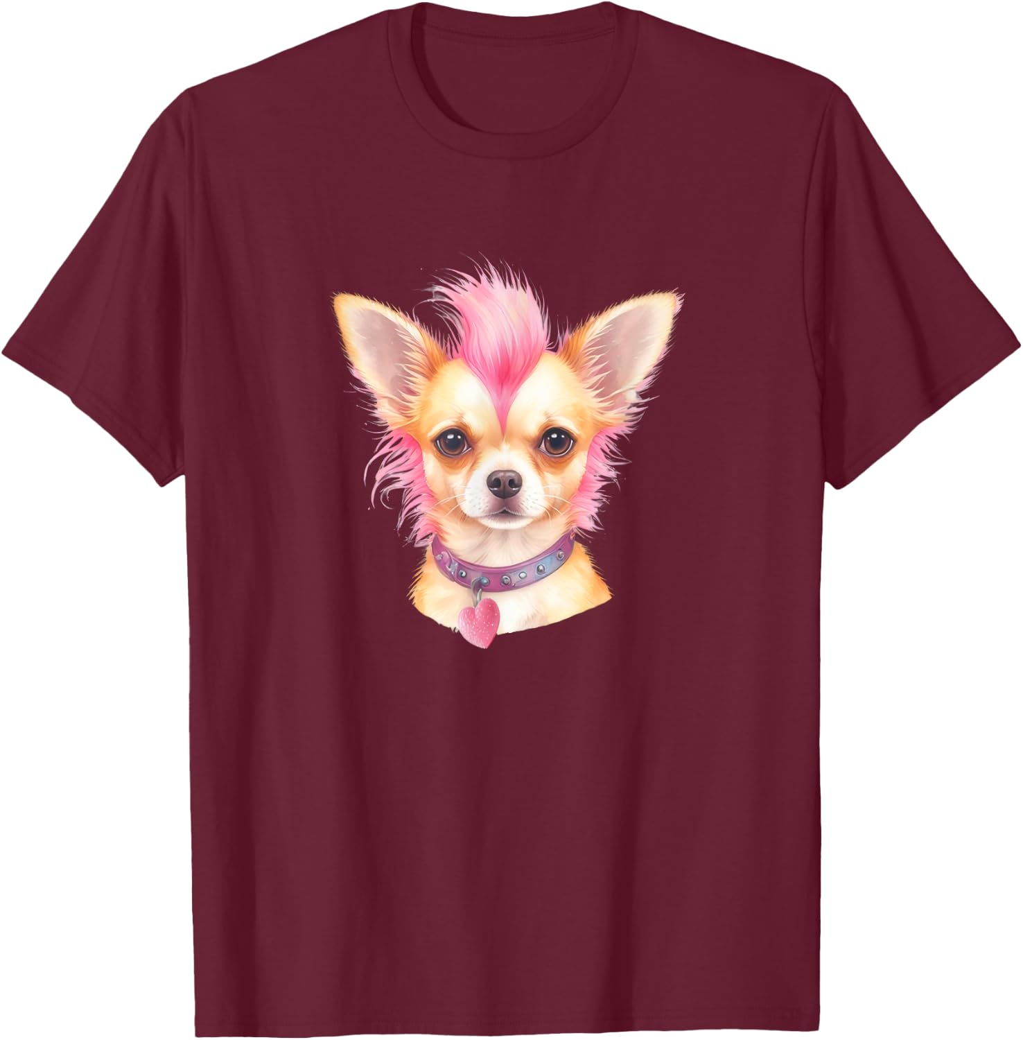 Pink Mohawk Punk Rock Musician Chihuahua Heart Pet Dog Love T-Shirt - T-Shirt | Maroon