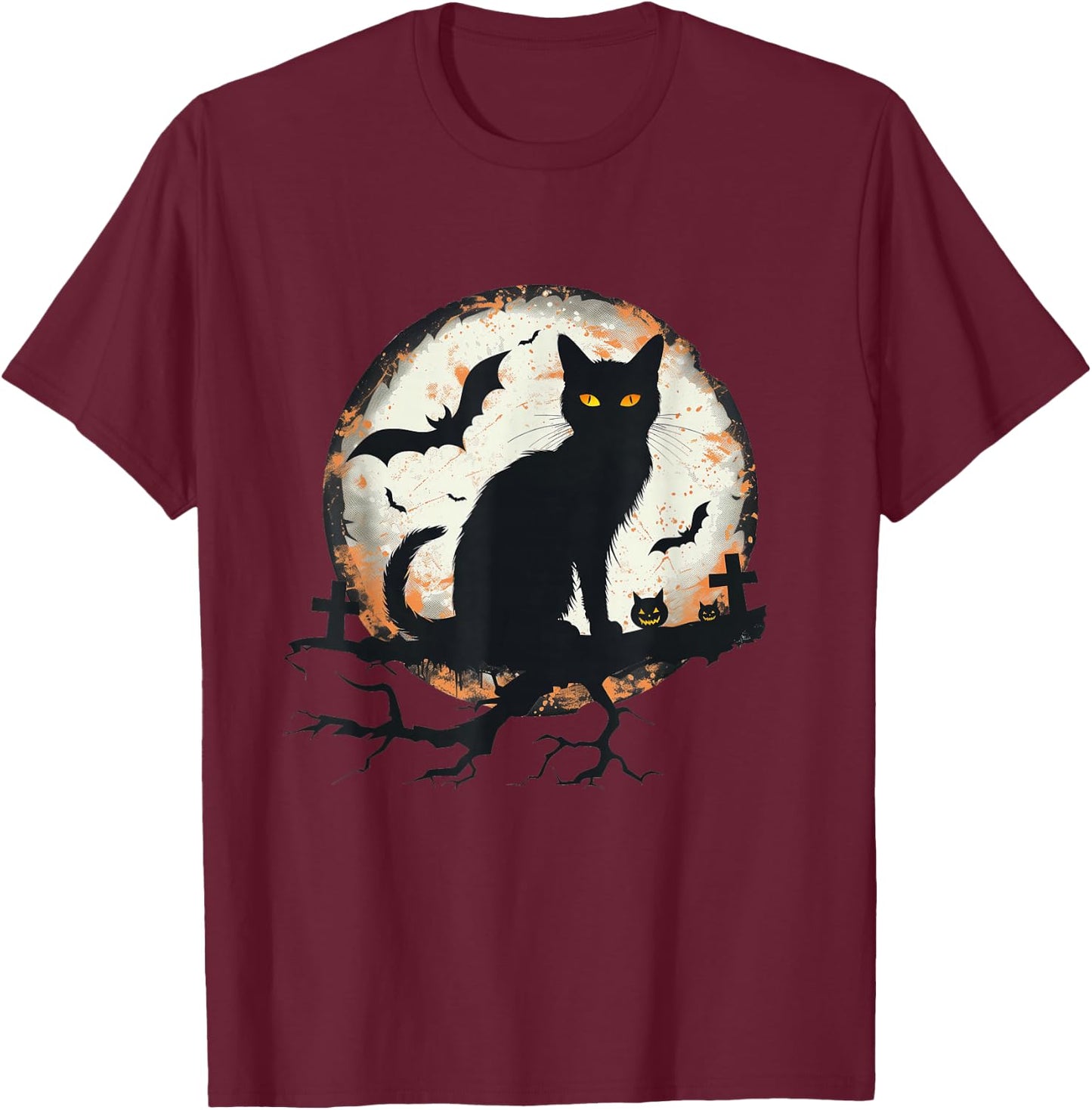 Halloween Cat Pumpkin Bat Moon Cemetery Scary Men Women Kids T-Shirt - T-Shirt | Maroon