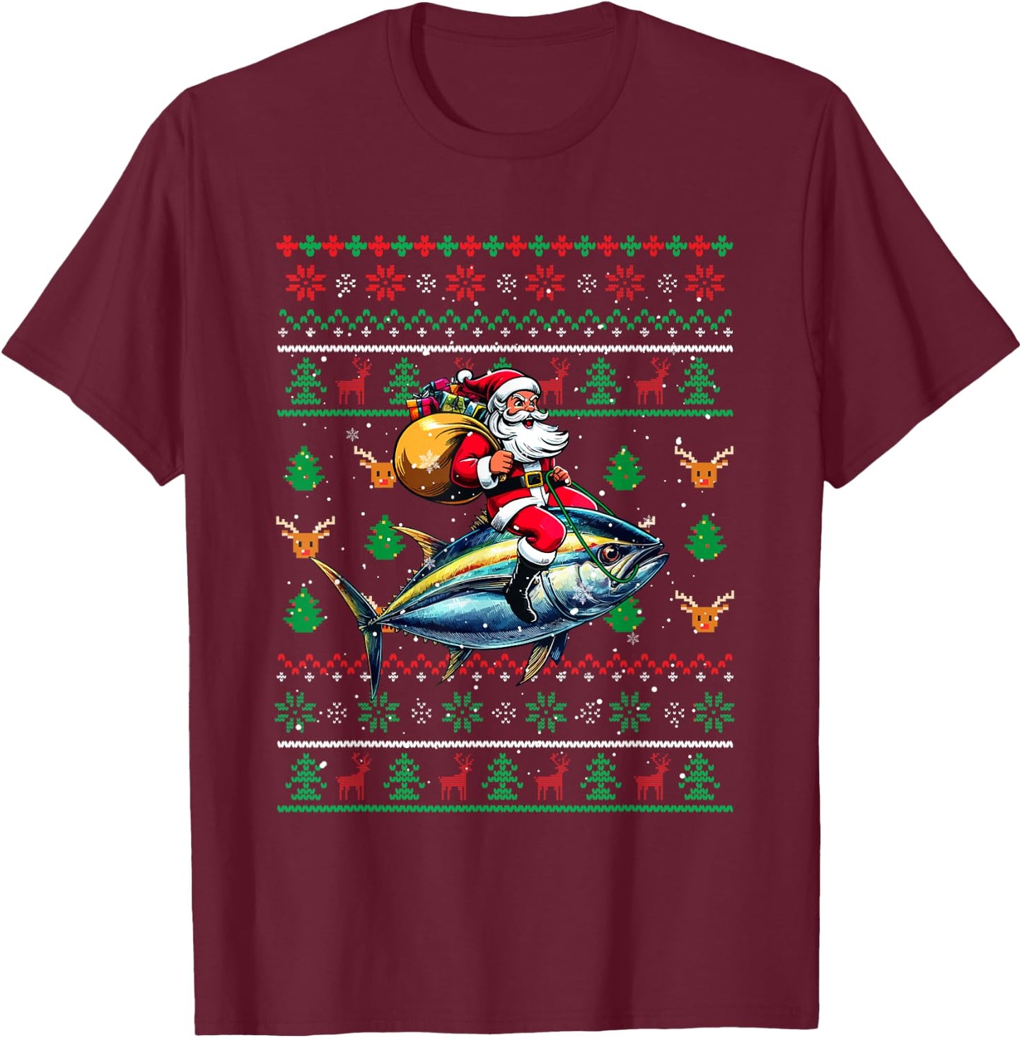 Santa Riding Tuna Christmas Sweater Fishing Fisherman T-Shirt - T-Shirt | Maroon
