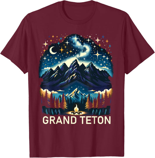 Grand Teton National Park Starlight Night Wyoming Vintage T-Shirt - T-Shirt | Maroon