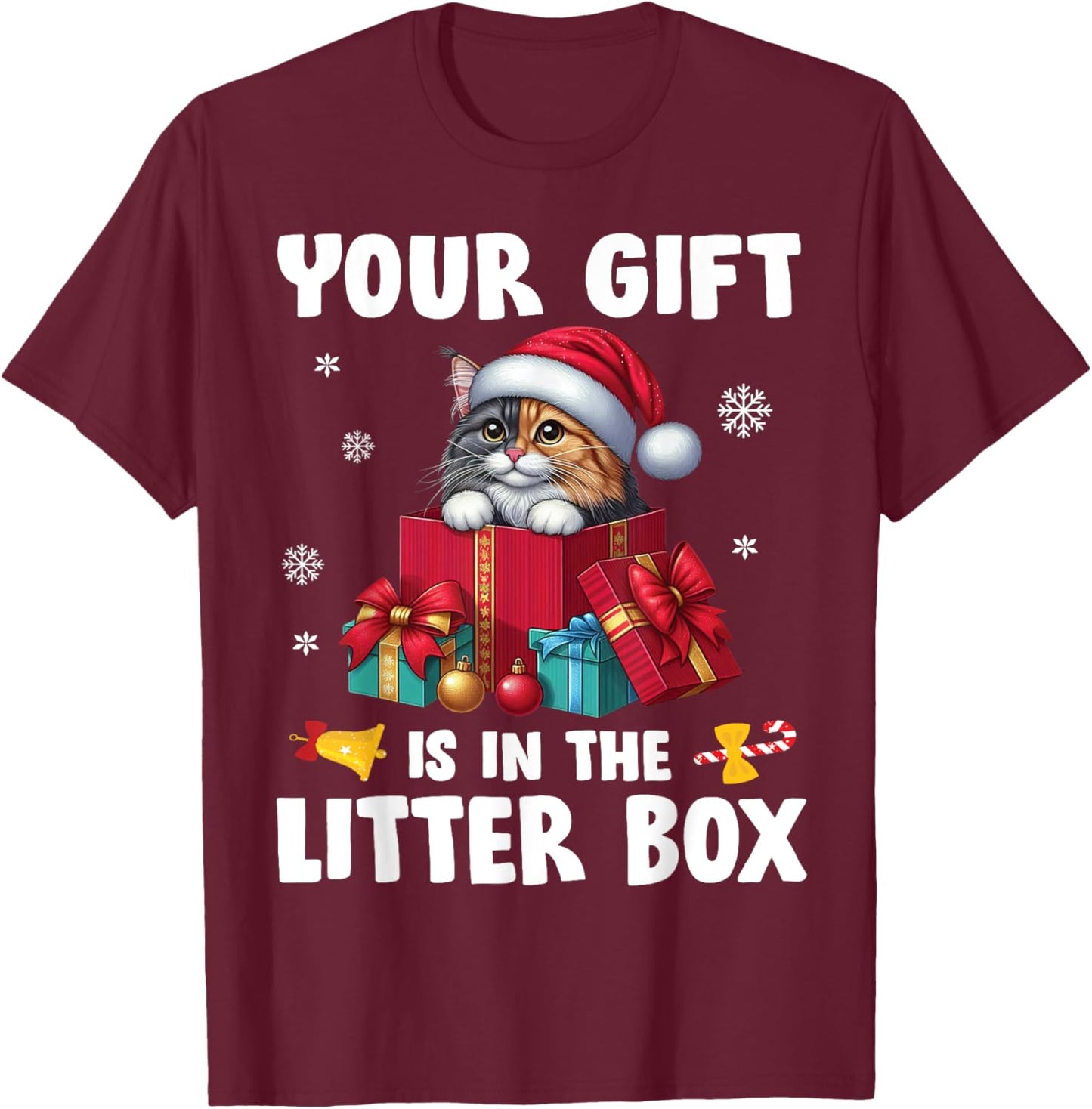 Merry Christmas Your Present Is In The Litter Box MANX Cat T-Shirt - T-Shirt | Maroon