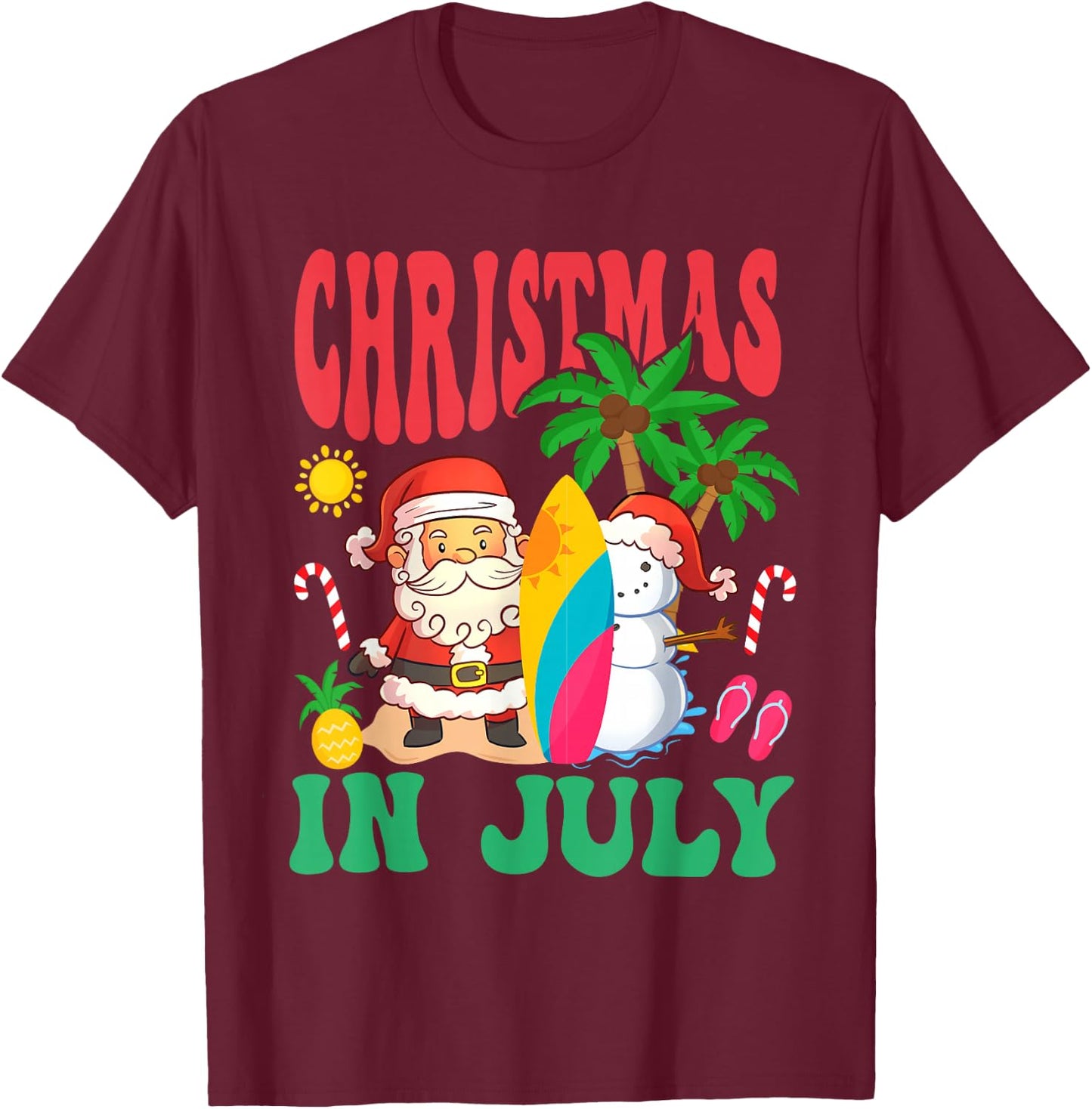 Santa Surfing Hawaiian Beach Christmas In July 2026 T-Shirt - T-Shirt | Maroon
