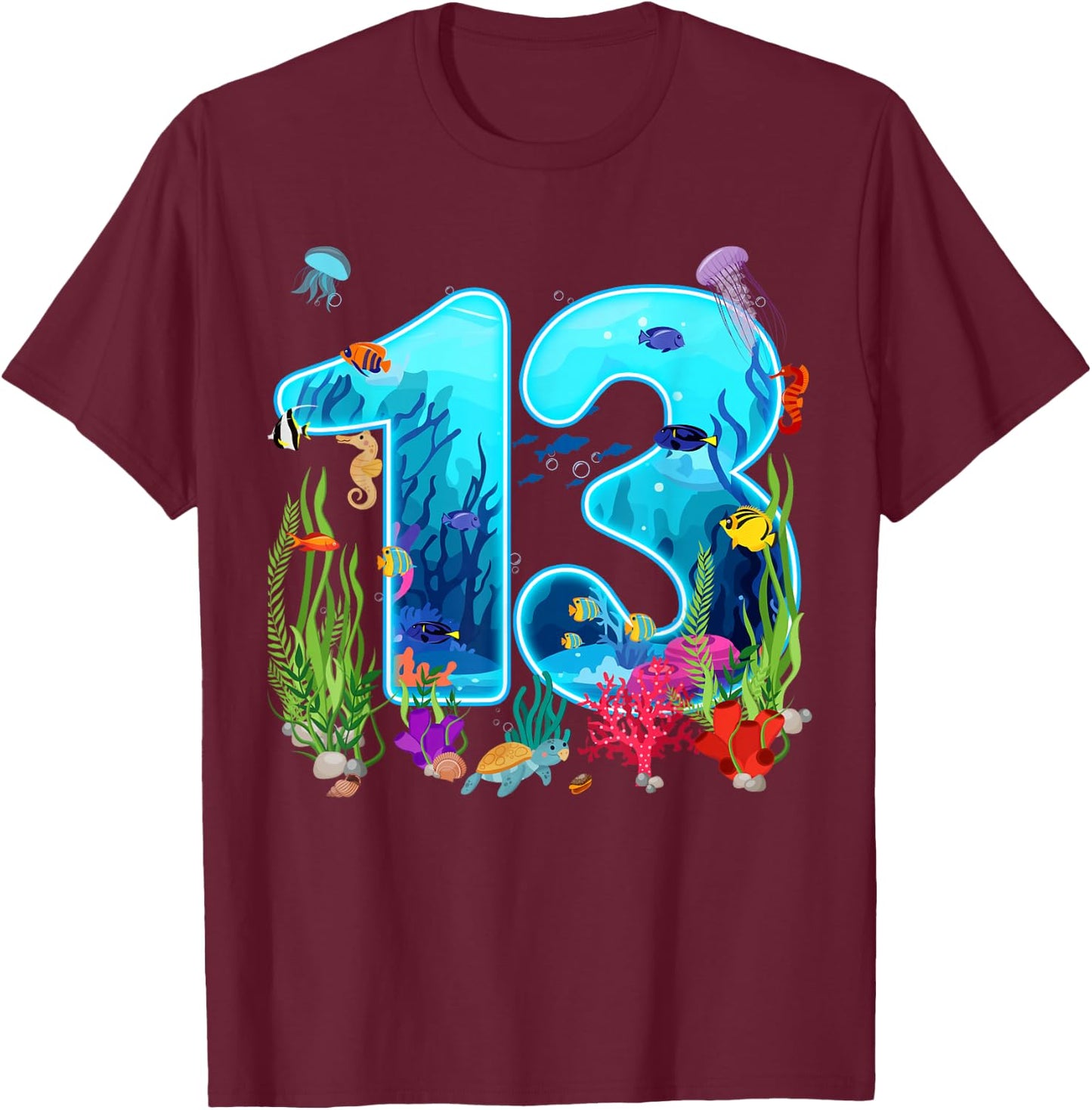 Cute 13 Ocean Sea Animal 13th Bday Party 13 Years Old T-Shirt - T-Shirt | Maroon