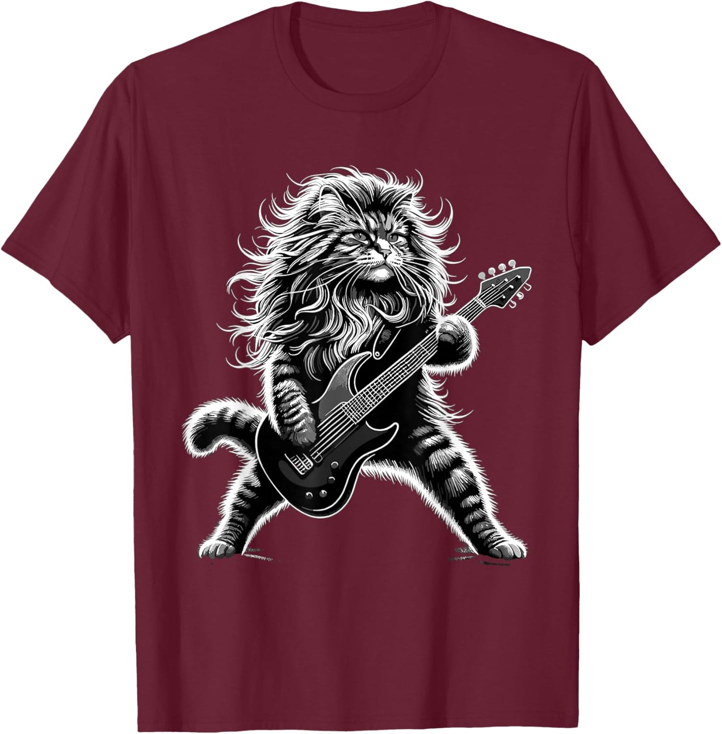Rock and Roll Cat Playing Guitar T-Shirt - T-Shirt | Maroon