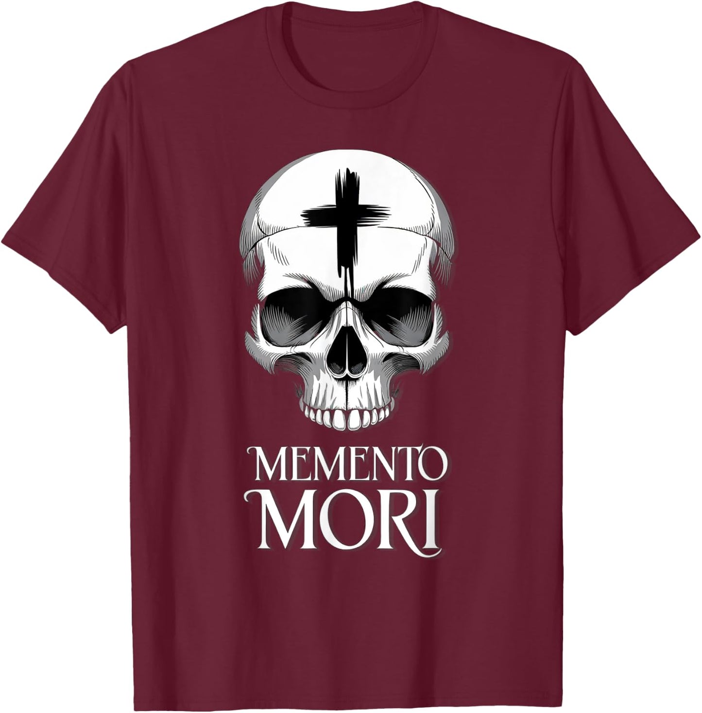 Memento Mori Catholic Crucifix Traditional Latin Mass Skull T-Shirt - T-Shirt | Maroon
