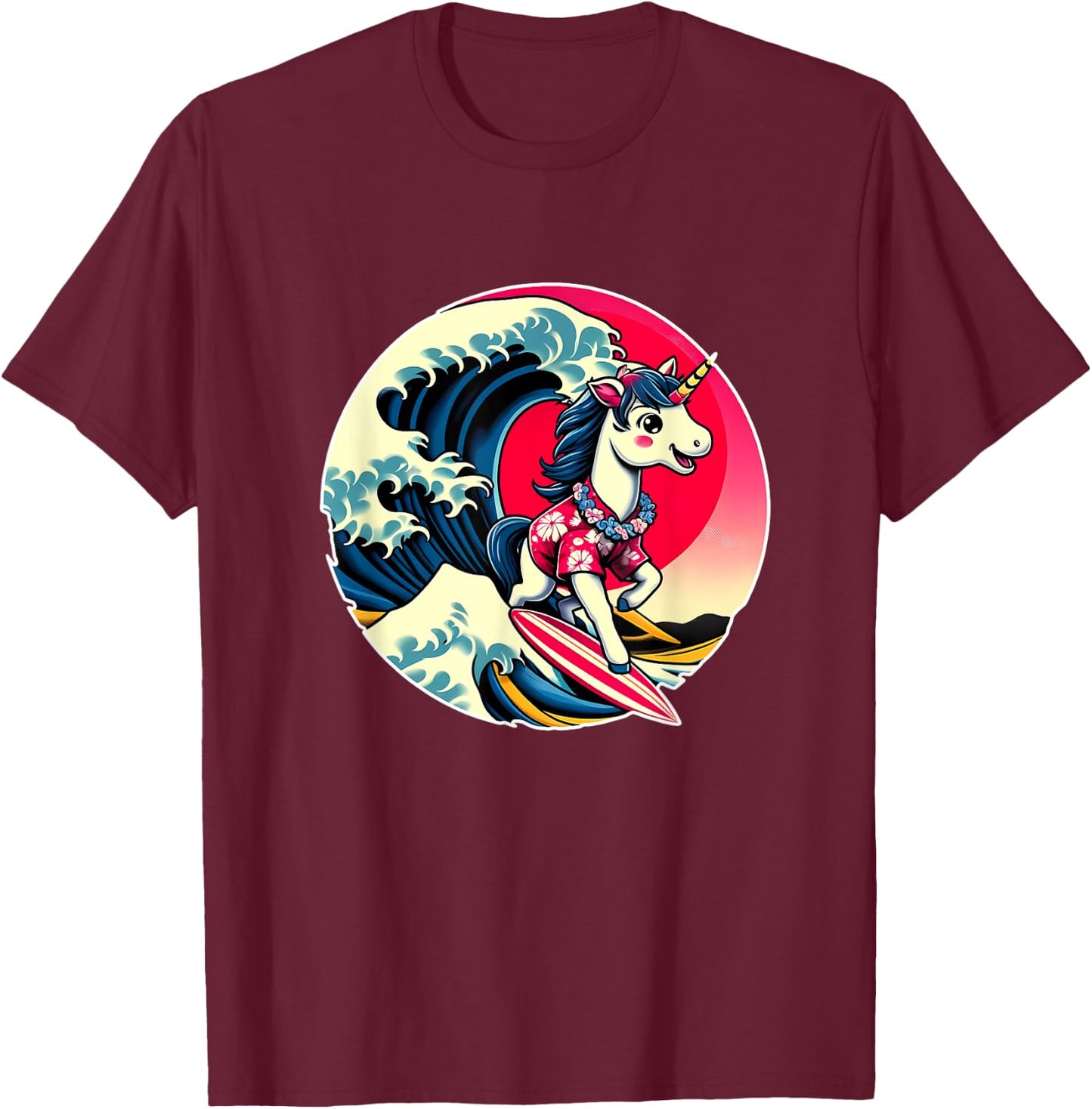 Great Wave Kanagawa Unicorn Surfing T-Shirt - T-Shirt | Maroon