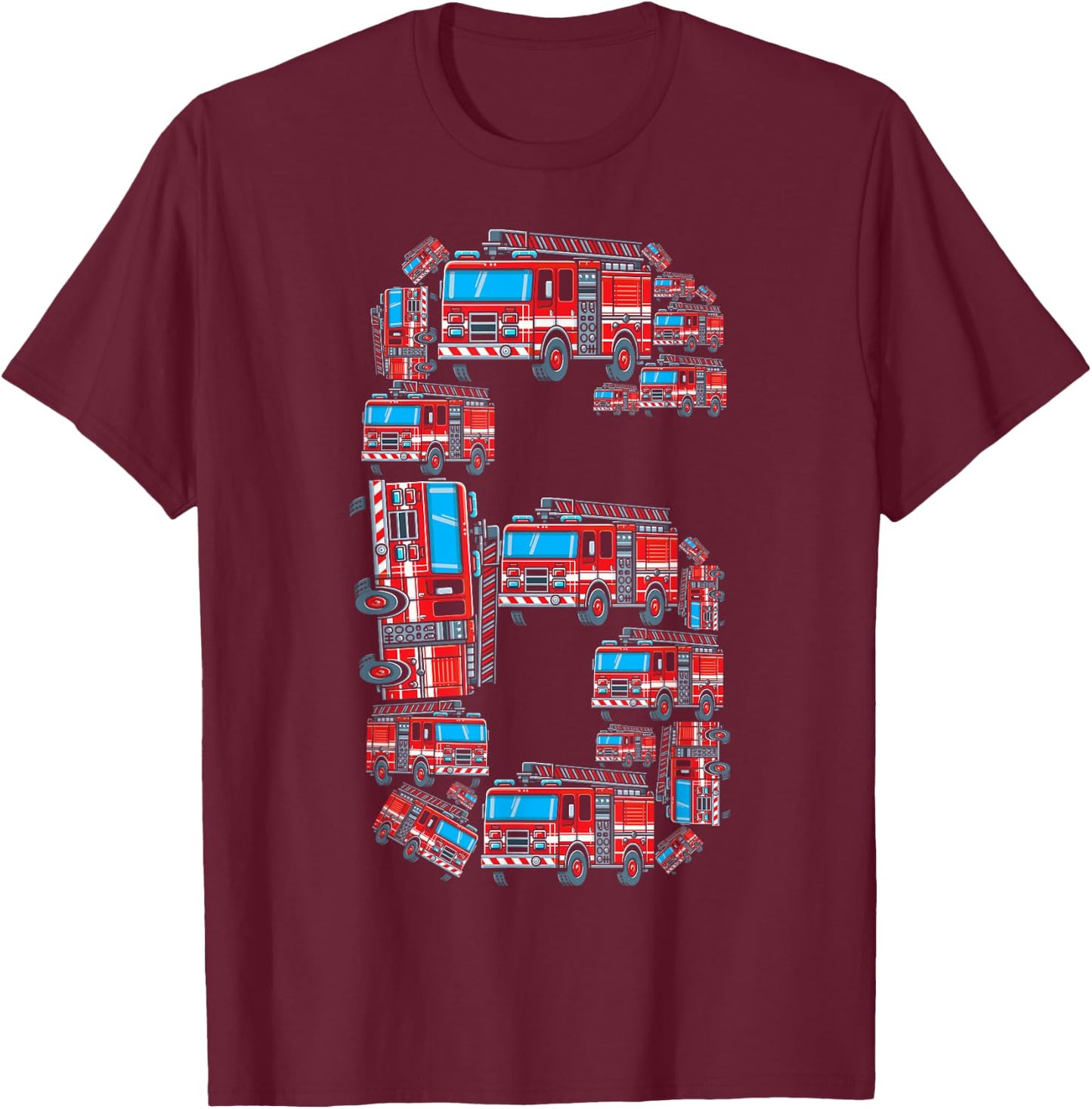 Firetruck 6 Year Old Boy 6th Birthday Fire Truck Fireman 6 T-Shirt - T-Shirt | Maroon