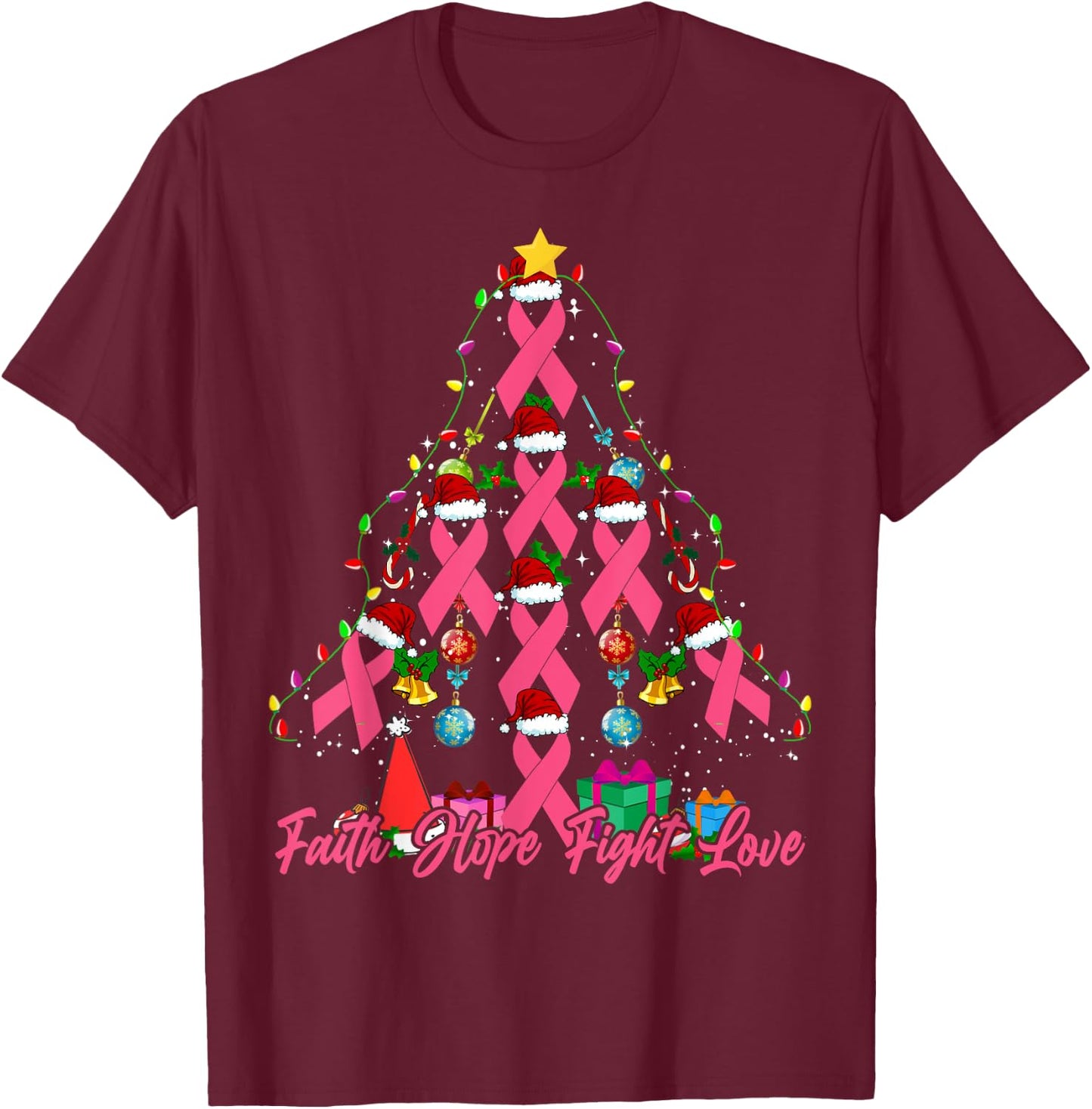 Santa Pink Ribbon Christmas Tree Breast Cancer Awareness T-Shirt - T-Shirt | Maroon