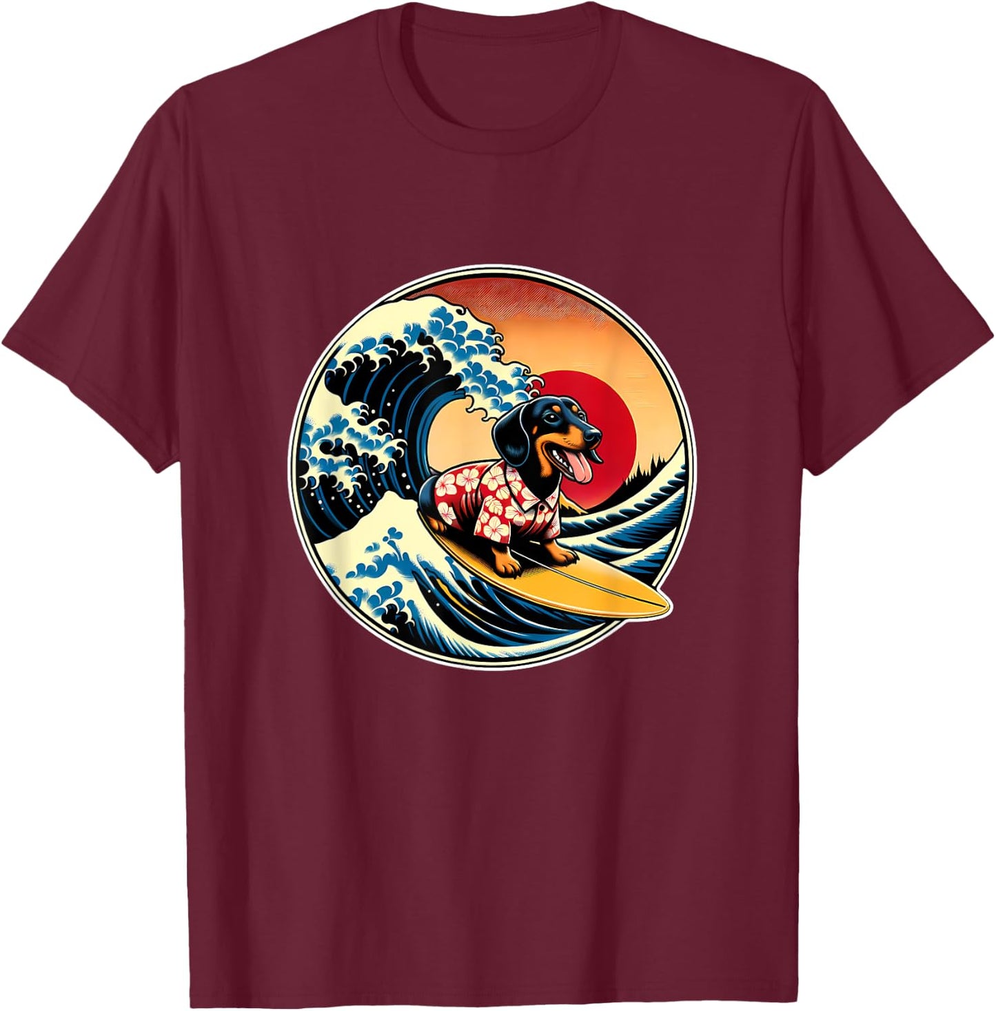 Great Wave Kanagawa Weiner Dachshund Dog Surfing Men Women Kids T-Shirt - T-Shirt | Maroon