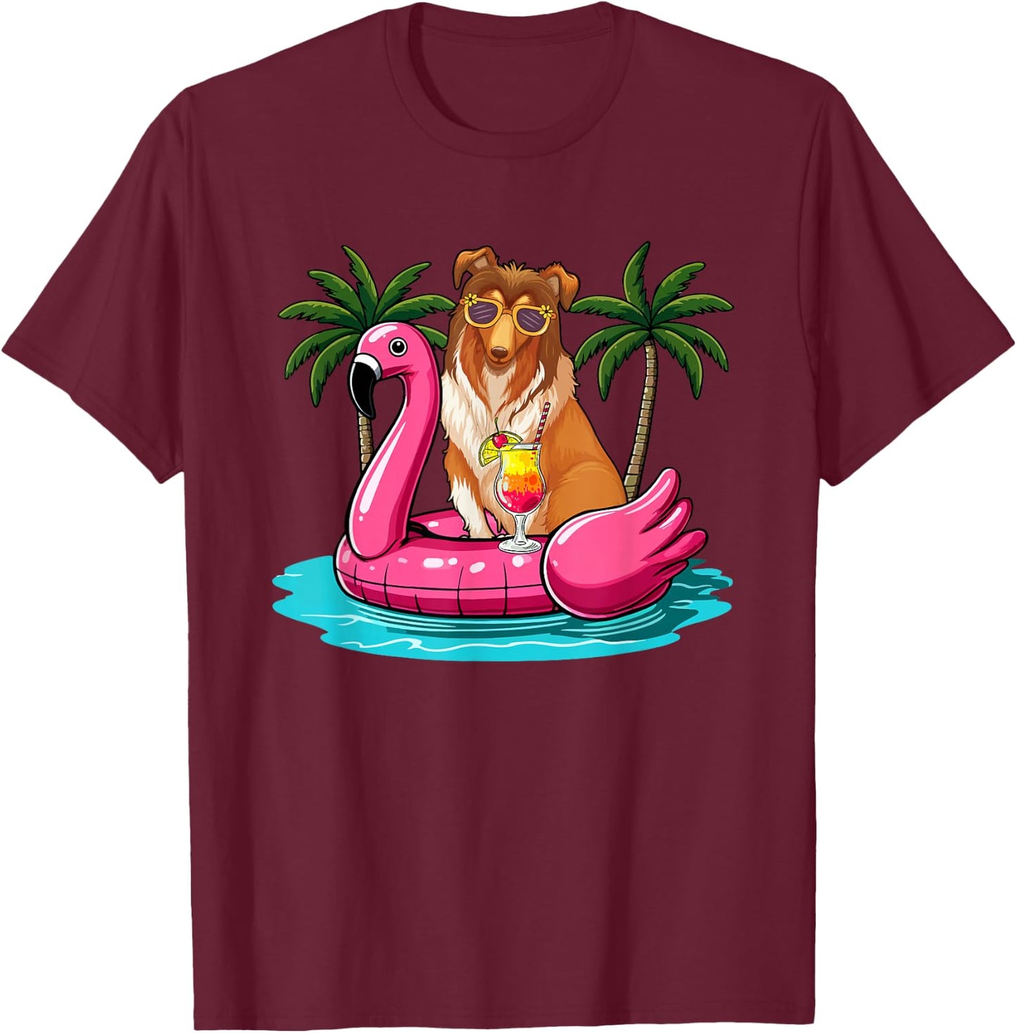 Sheltie Sunglasses On Flamingo Cute Float Costume Summer T-Shirt - T-Shirt | Maroon