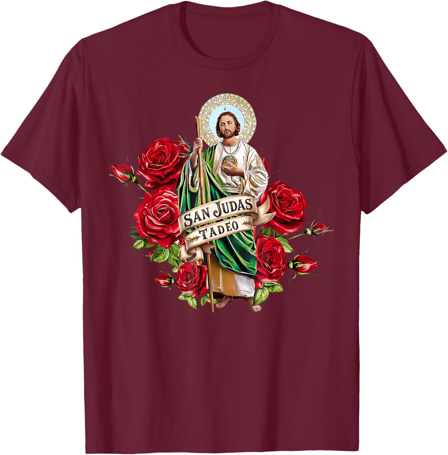 Girls Women Red Roses San Judas Tadeo Con Bandera De Mxico T-Shirt - T-Shirt | Maroon