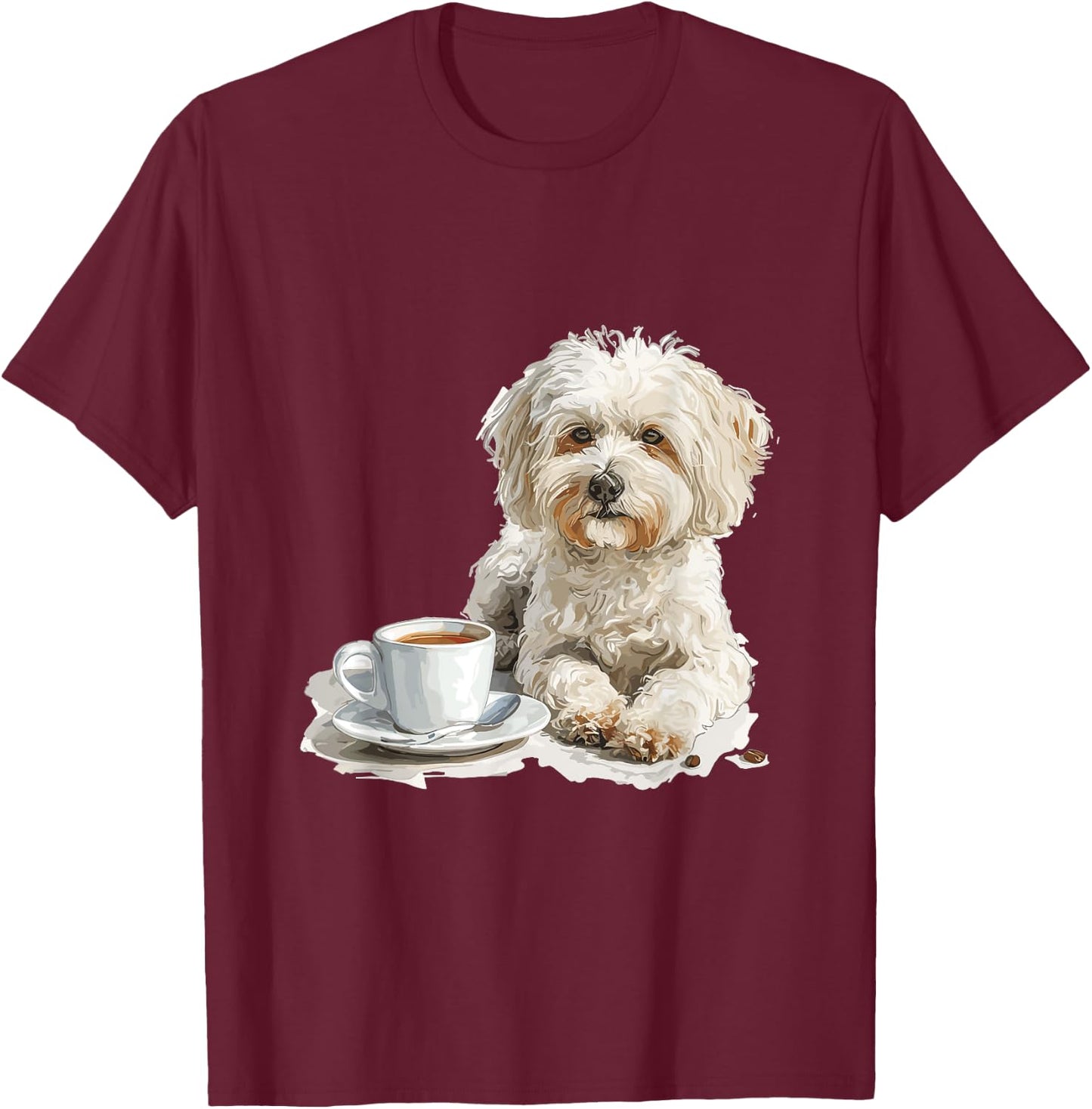 Cute Maltipoo with a Cup of Coffee Maltipoo T-Shirt - T-Shirt | Maroon