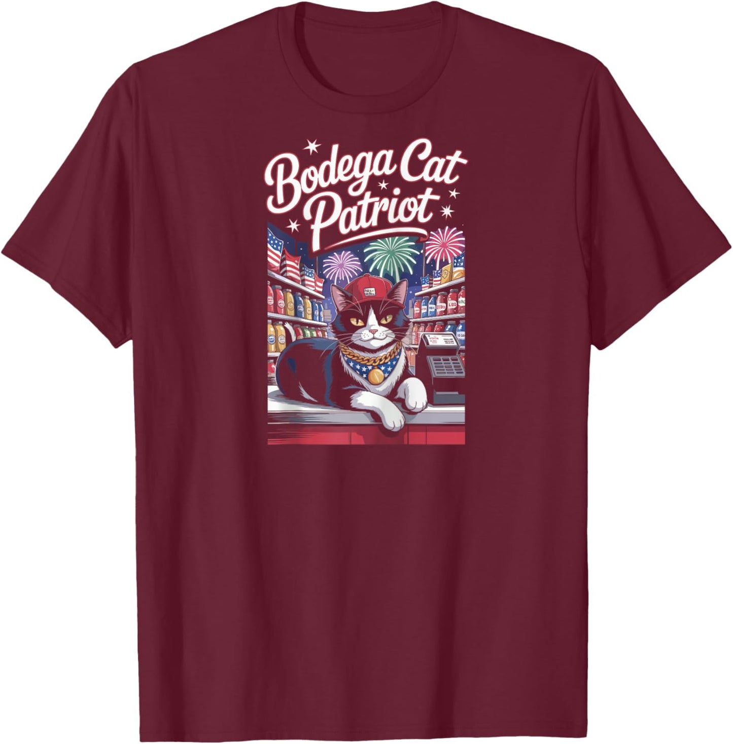 Patriotic Cat Fireworks Grocery Bodega July 4th Style Raglan Baseball T-Shirt - T-Shirt | Maroon