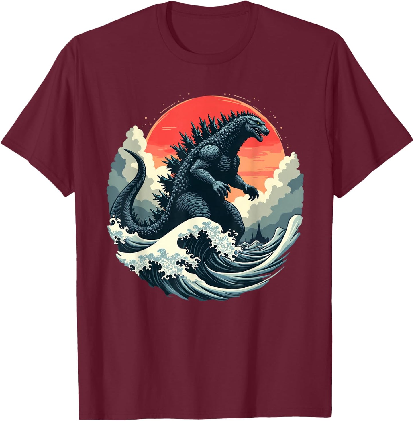 Vintage Japanese Kaiju Monster The Great Wave Off Kanagawa T-Shirt - T-Shirt | Maroon