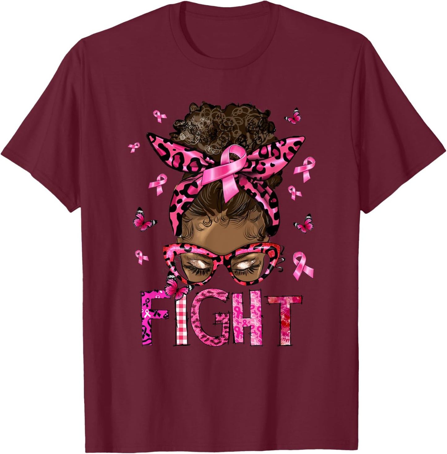 Fight Breast Cancer Survivor Messy Bun Black Women Warrior T-Shirt - T-Shirt | Maroon