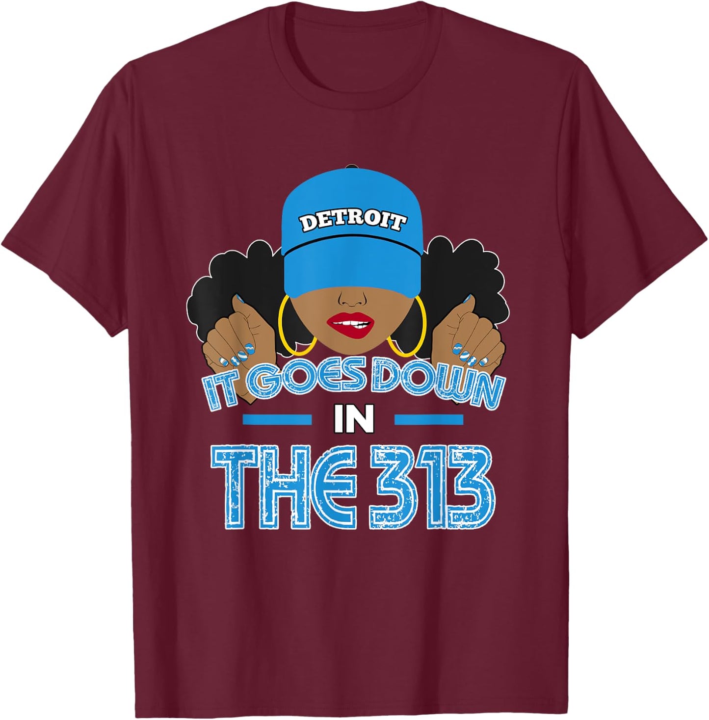 313 Detroit Hometown African American Woman Retro T-Shirt - T-Shirt | Maroon