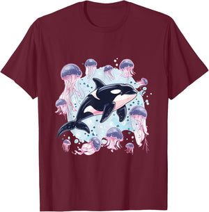 Orca Whale Jellyfish Graphic T-Shirt - T-Shirt | Maroon
