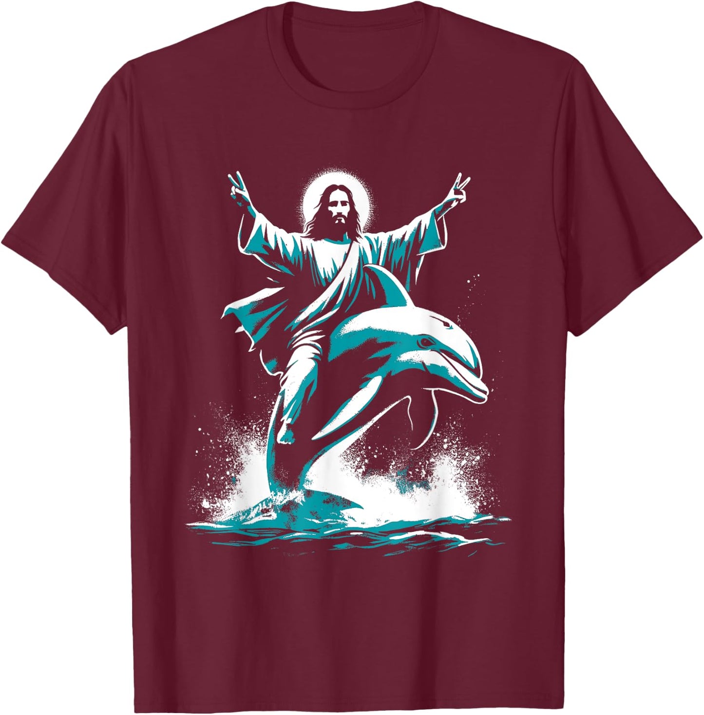 Jesus Riding A Dolphin - Funny Christian Religious Dolphin T-Shirt - T-Shirt | Maroon