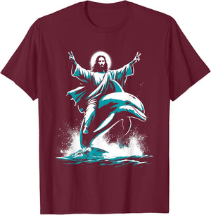 Jesus Riding A Dolphin - Funny Christian Religious Dolphin T-Shirt - T-Shirt | Maroon