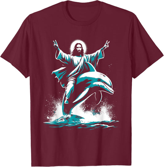 Jesus Riding A Dolphin - Funny Christian Religious Dolphin T-Shirt - T-Shirt | Maroon