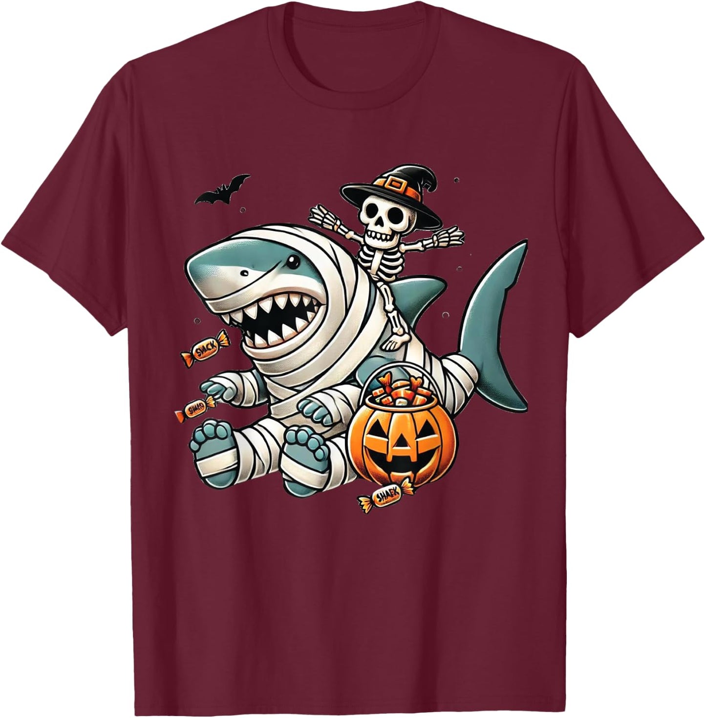 Skeleton Riding Shark Funny Halloween Pumpkin Boys Kids T-Shirt - T-Shirt | Maroon