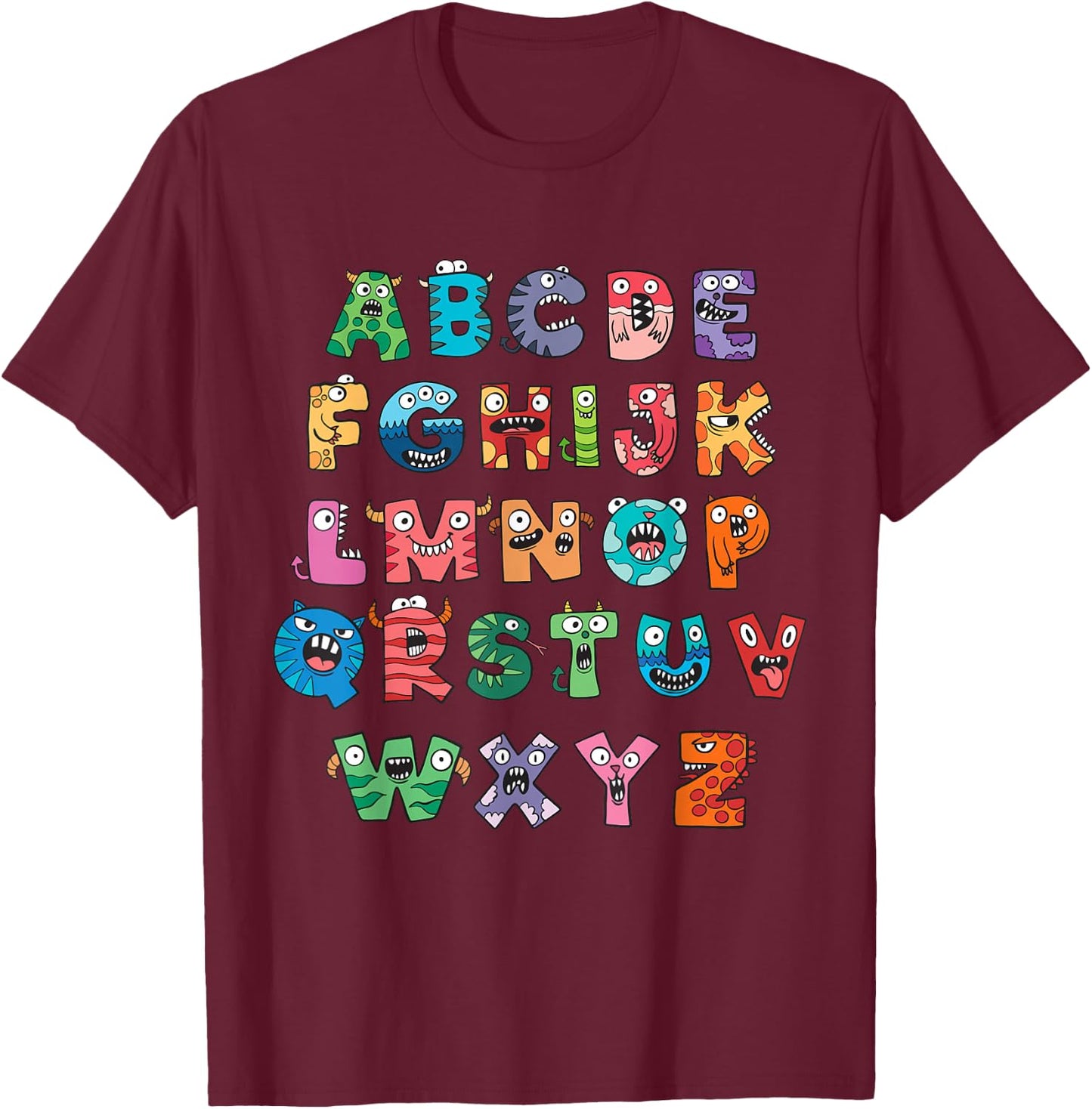Monster Alphabet Fun Colorful Educational Kids T-Shirt - T-Shirt | Maroon