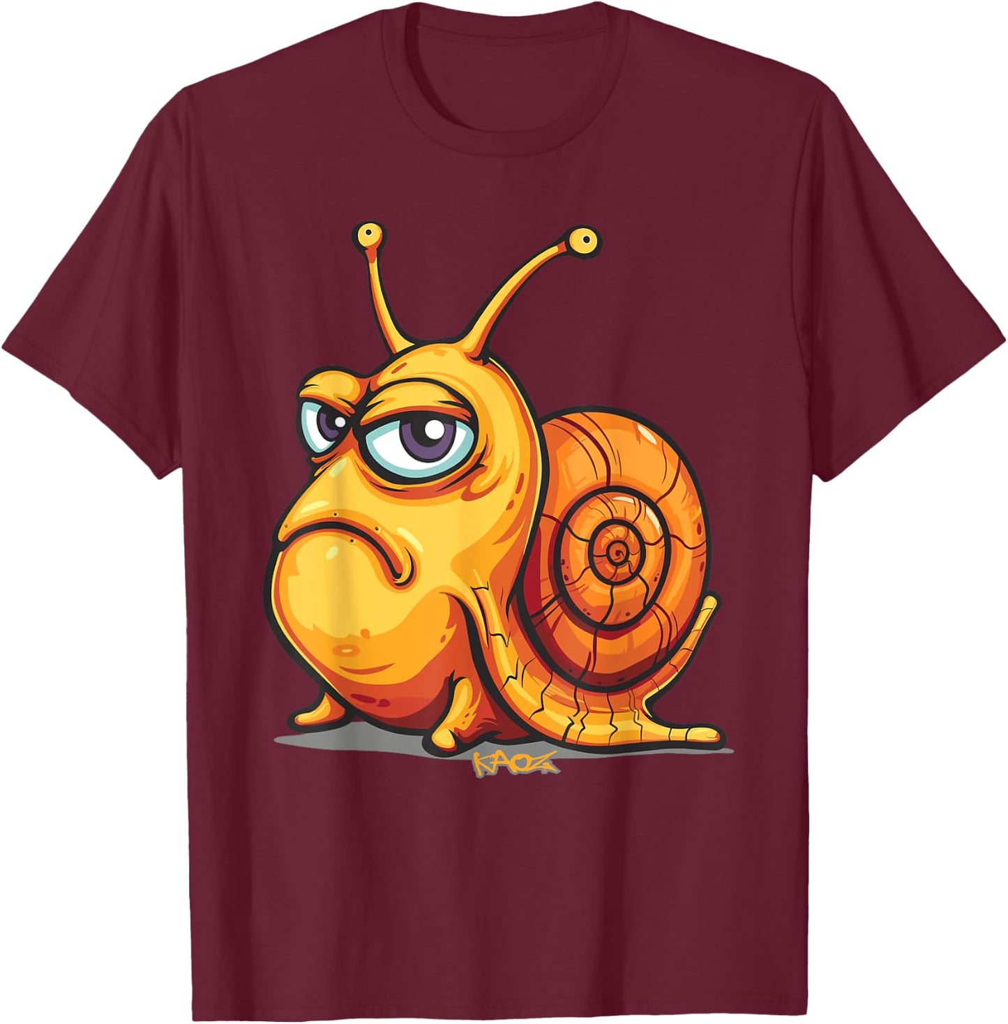 Funny evil grimace, cartoon snail with bad mood T-Shirt - T-Shirt | Maroon